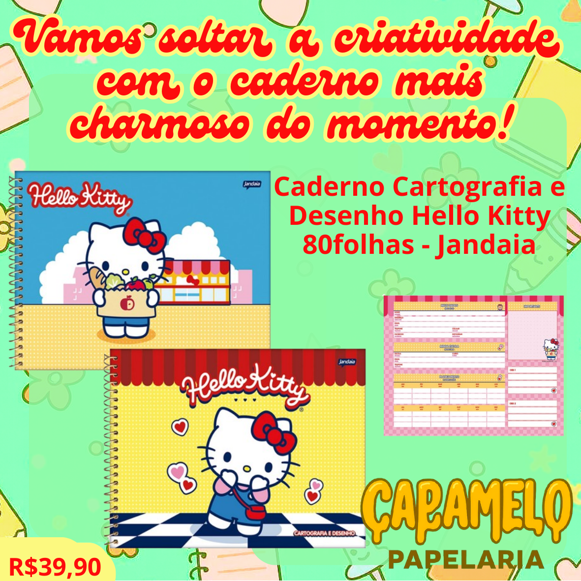 Caderno Cartografia e Desenho Hello Kitty 80 folhas UN - Jandaia